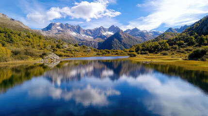 Fototapeta premium Dramatic mountain lake with reflection, surrounded by lush greenery and majestic peaks