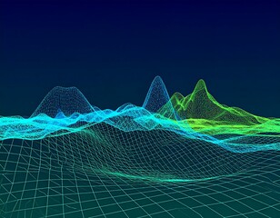 Abstract landscape of vibrant green and blue wireframe mountains against a dark background