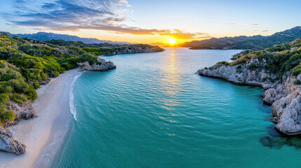 Fototapeta premium Tranquil island bay with sunset over calm waters, surrounded by lush greenery and rocky