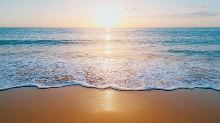 Obraz premium Sunset over calm ocean waves gently lapping on sandy beach, creating serene atmosphere