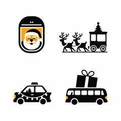 Christmas themed vehicles and Santa Claus on a white background Keywords: christmas, santa, reindeer, train, car, bus, gift, present, holiday, festive