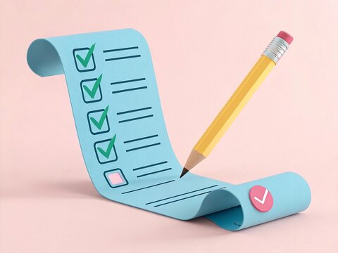 Bright blue checklist with a yellow pencil marking completed tasks on a pink background