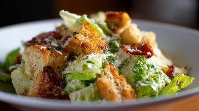 Appetizing Caesar salad with crispy bacon, crunchy croutons, and fresh romaine lettuce.