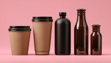 Five beverage containers?two kraft paper cups, a black plastic bottle, and two amber glass bottles?stand on a pink background, showcasing various sizes and materials