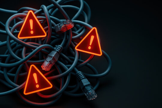 Network security concept with tangled ethernet cable and glowing red warning signs symbolizing cybersecurity risk and data breach threat from cyber attack and firewall protection failure - Powered by Adobe