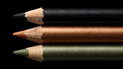 Close-up of three colored drawing pencils against a black background.