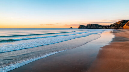 Serene beach at dusk with gentle waves lapping against shore, reflecting soft colors of sunset