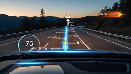 Augmented Reality Navigation: Driving with Heads-Up Display on Highway at Sunset
