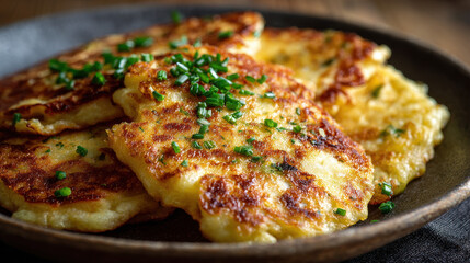 Golden brown potato pancakes garnished with fresh green chives.