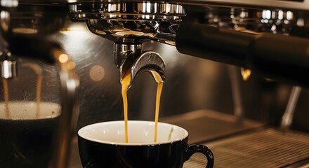 Espresso Machine Pouring Fresh Coffee into a Black Ceramic Mug