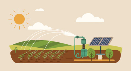 Illustration of a solar-powered irrigation system in a sunny farm field, highlighting sustainable agriculture and renewable energy.
