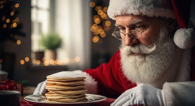 Santa gazes at a stack of pancakes, festive background - Powered by Adobe