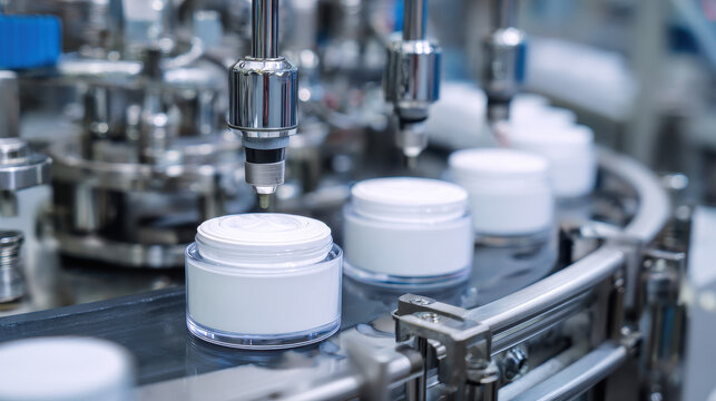 Cosmetic cream jars being filled on an automated production line.