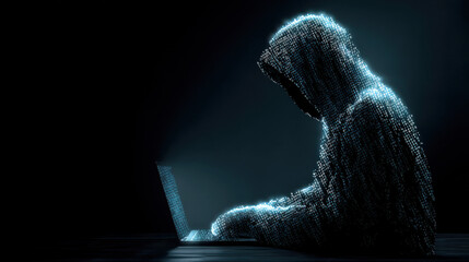 Side profile of digital hacker representing cybersecurity threat on a laptop.