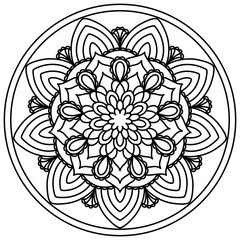 A beautiful black and white mandala pattern with intricate geometric designs. It has a circular shape with a floral element in the center