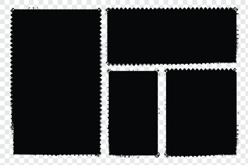 Postage stamp with blank sepia paper design space on transparent background. . Poststamp frames or borders. Rectangle or square template for mail, postcard, note. Jagged wavy edge forms. eps 10