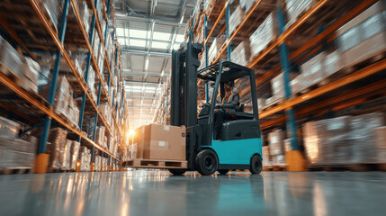Man driving electric forklift with pallet in large modern warehouse.