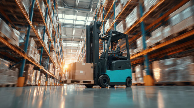 Man driving electric forklift with pallet in large modern warehouse.