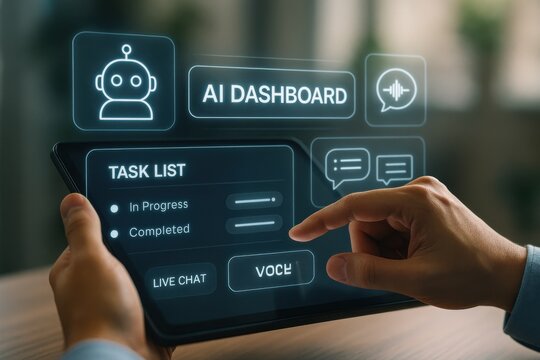 AI Dashboard Interface on Tablet with Task List and Voice Command Integration
 - Powered by Adobe