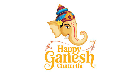happy ganesh chaturthi greeting card with lord ganesha illustration, decorative crown, festive message, hindu religious celebration design