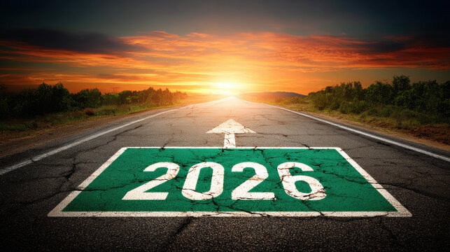 Green 2026 Road Sign with Arrow on Asphalt at Sunset