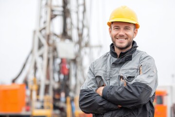 Smiling Worker in Safety Gear at Drilling Site with Machinery Background