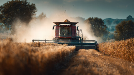 Obraz premium Combine harvester collecting golden wheat in a field under a cloudy sky.