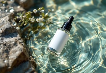 Clear Glass Skincare Dropper Bottle in Sunlit Water with Small Flowers