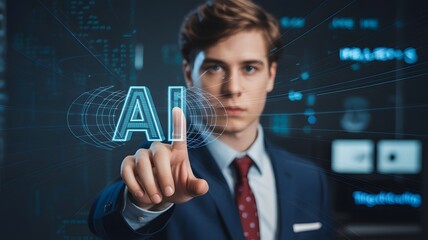 Young businessman interacting with artificial intelligence technology on a digital interface of 3D hologram