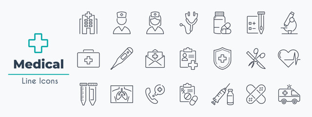 Medical clinic line icon set. Hospital, doctor, nurse, ambulance, first aid kit vector illustration. Simple outline sings for treatment and healthcare. Editable Stroke.