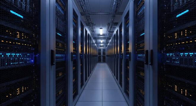 Server room aisle with metallic racks, lights, and cables - Powered by Adobe
