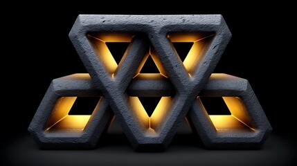 Abstract pattern of fused gold triangles forming a star-like geometric grid on a smoky dark gray background