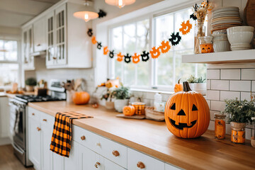 Obraz premium Festively decorated kitchen with pumpkins and Halloween decor during autumn
