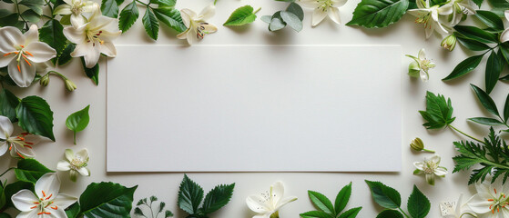 Minimalist Flat Lay of White Blank Paper with Flower Petals and Green Leaves on White Background