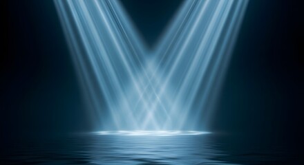 Ethereal blue spotlights converge on rippling water, creating a mesmerizing stage effect