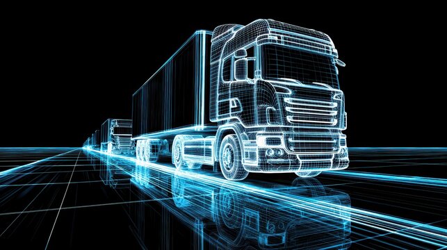Wire Frame Truck. Three-Dimensional Futuristic Cargo Truck in Bright Blue and Black Background