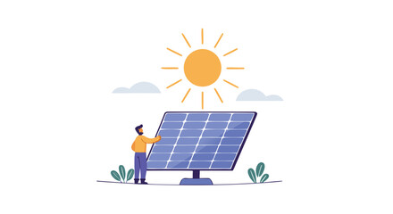 Illustration of a person examining a solar panel under a bright sun, representing renewable energy and sustainability.
