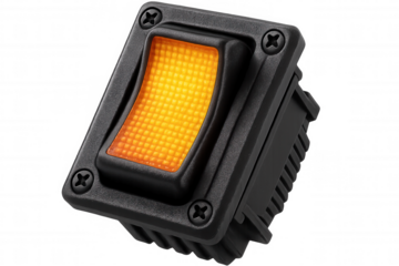 Orange illuminated toggle switch on a transparent background, representing control, power, and activation