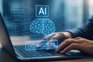 AI Brain Interface on Laptop with Neural Network Visualization and Data Analysis Elements
