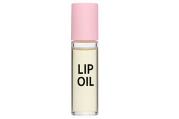 Lip oil glass tube with pink cap on transparent background