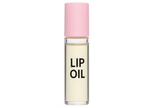 Lip oil glass tube with pink cap on transparent background