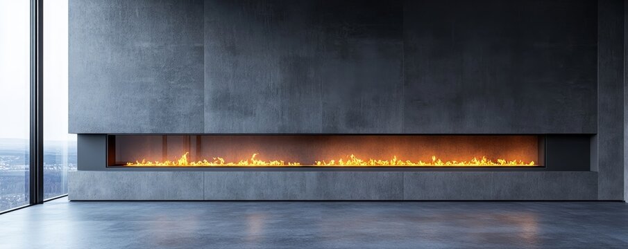 Fireplace within a room with concrete walls, reflecting a minimalist loft-style home interior design for a modern living room with a TV. 3D rendering, Generative AI - Powered by Adobe