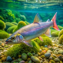 Naklejka premium a colorful whitefish gliding near a rocky streambe.jpg
