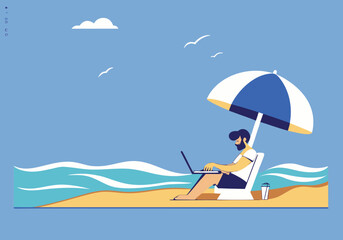 Man works on a laptop under a beach umbrella. Relaxed, sunny scene evokes remote work and vacation vibes. Clean, modern illustration.
