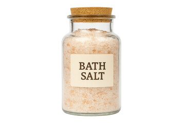 Himalayan pink bath salt in a clear jar with cork lid on transparent background