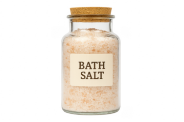 Himalayan pink bath salt in a clear jar with cork lid on transparent background