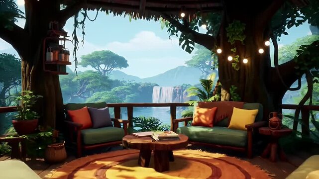 Colorful, cozy treehouse patio overlooking a lush jungle landscape with waterfalls.