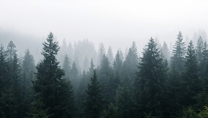 Obraz premium Misty foggy forest landscape with tall evergreen trees outdoors