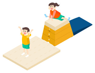 跳び箱で楽しく遊ぶ男の子と女の子のイメージイラスト