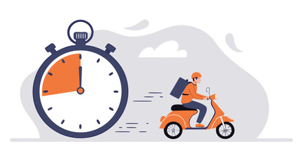 Illustration of a delivery person on a scooter with a stopwatch symbolizing fast delivery service.
